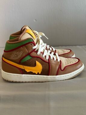 Nike Air Jordan 1 Cheese Burgers Mid-Top Sneakers - Brown/Yellow/Green